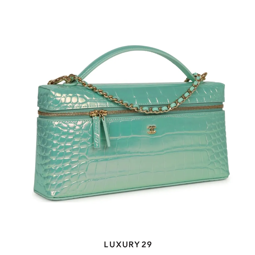 Chanel Vanity bag with chain strap crocodile pattern calfskin & gold metallic Turquoise blue(Small, Blue)