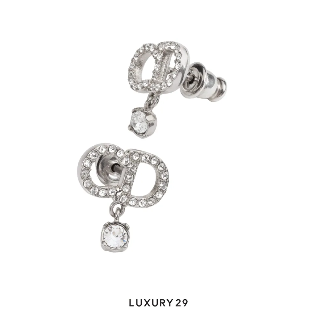 Dior CD Signature Earrings Silver-Finish Metal and Crystals(Free Size, Silver)
