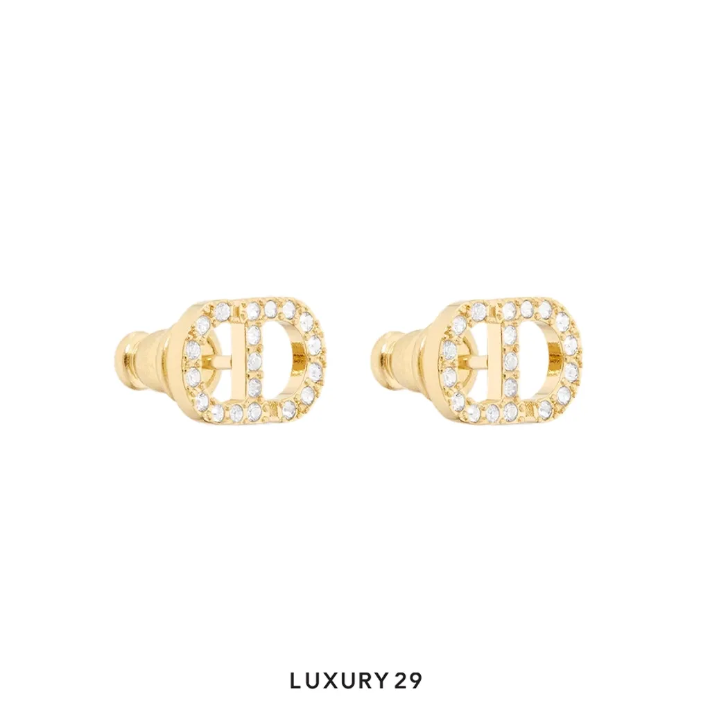 Dior Mini Petit CD Stud Earrings Gold-Finish Metal with White Crystals(Mini, Gold)
