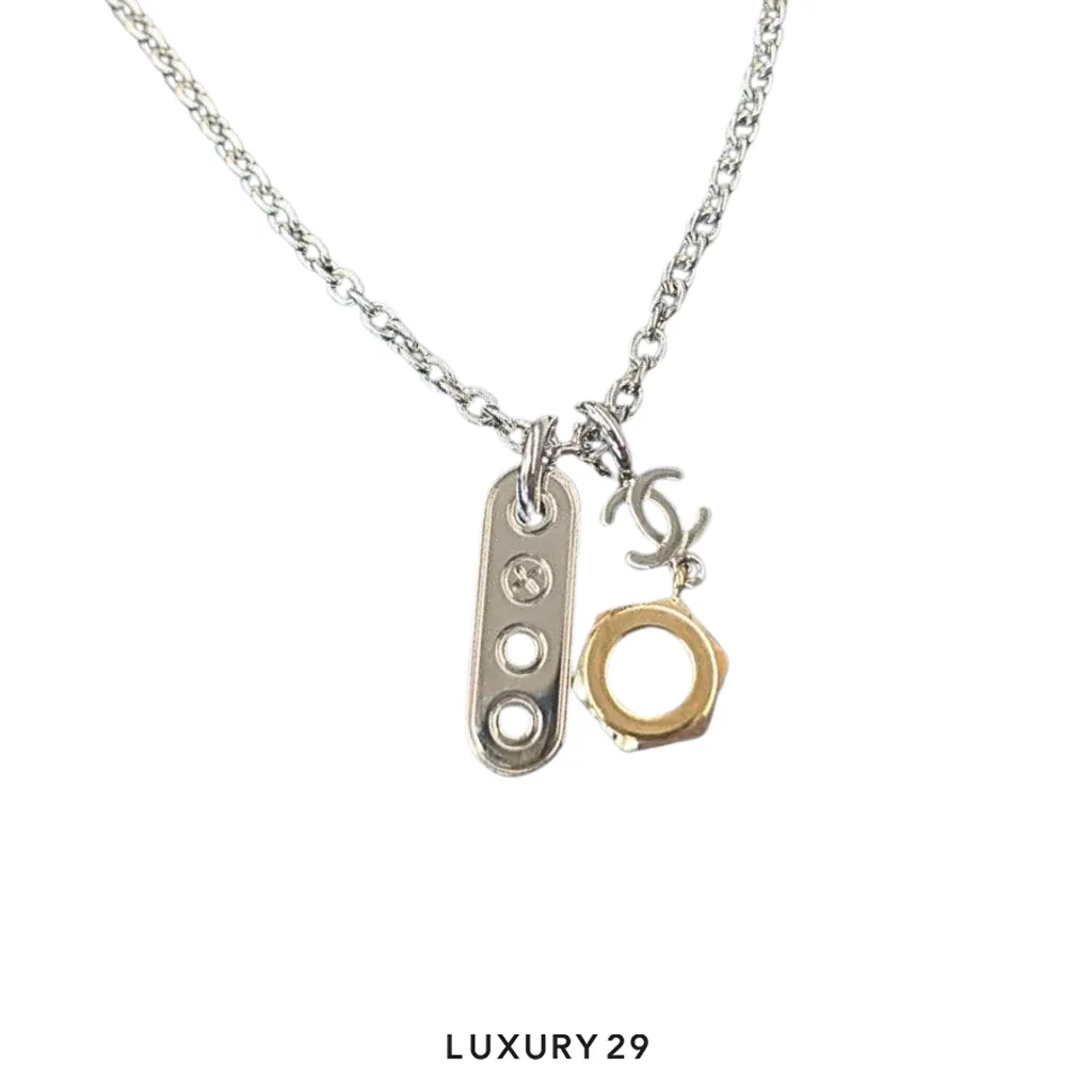 CHANEL Metal Multi-Charm Gold Pendant Necklace Silver(Free Size, Silver)