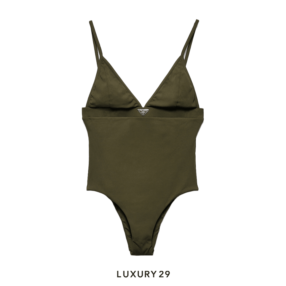 Prada Ribbed knit one-piece swimsuit Camouflage Green(XS, Green)
