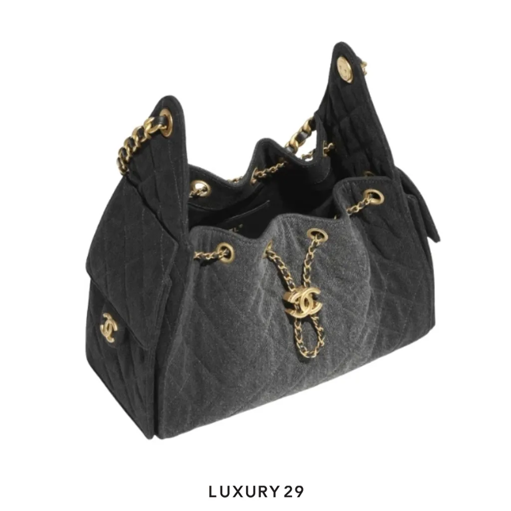 Chanel 25 Small Handbag Washed Denim And Gold Metal Black(Small, Black)
