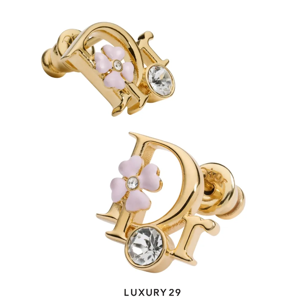 Dior Clover Earrings Gold-plated metal, crystals, and pink enamel(Free Size, Gold)