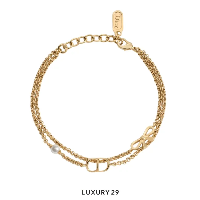 Dior CD Mini Bow Bracelet Gold-Finish Metal and White Resin Pearl