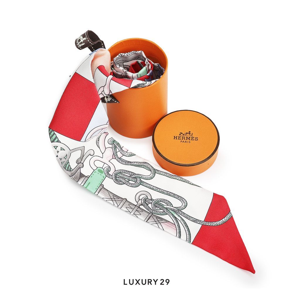 Hermes Cliquetis twilly Grenadine / Blanc / Vert(Free Size, Grey)