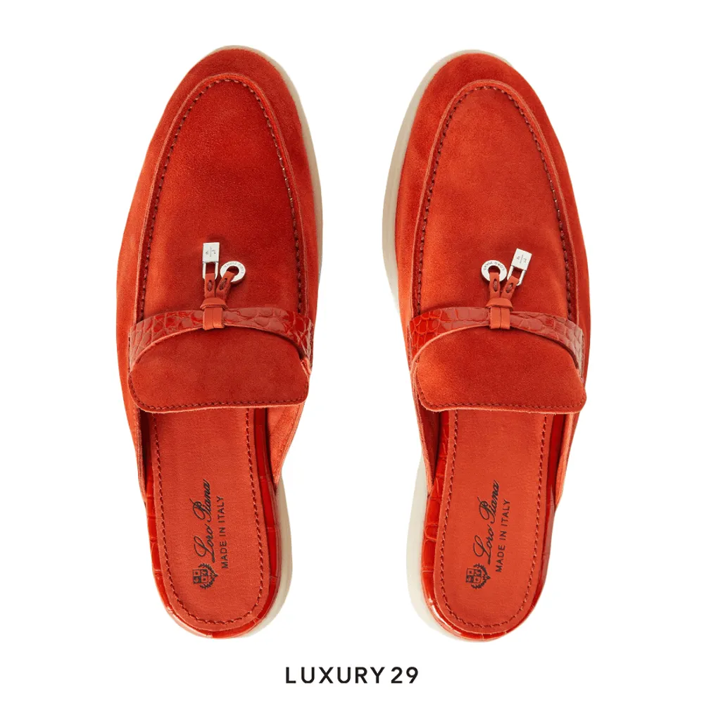 Loro Piana Nautical Charms Walk Babouche Loafers Suede Orange Flame(39, Orange)