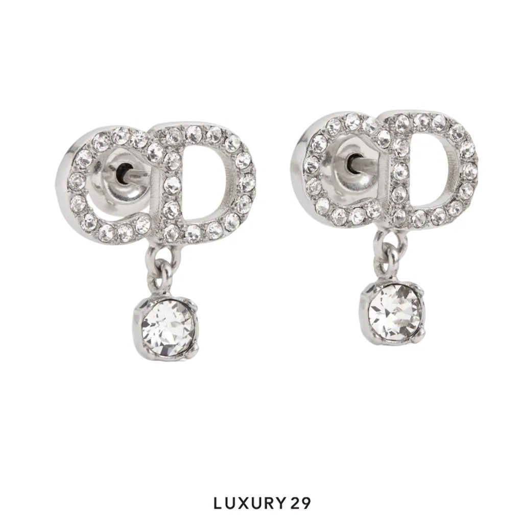 Dior CD Signature Earrings Silver-Finish Metal and Crystals(Free Size, Silver)