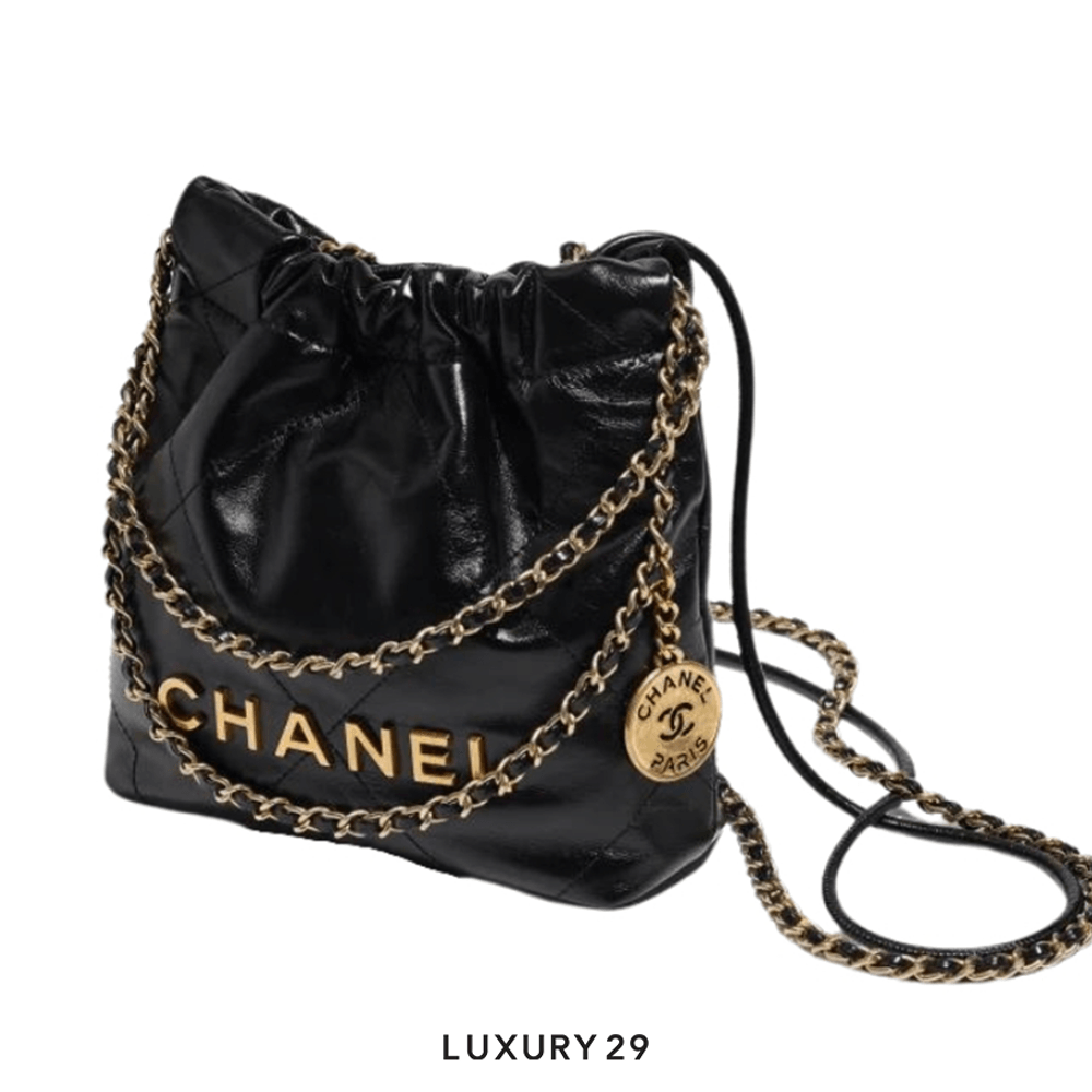 Chanel 22 Mini Handbag Shiny Calfskin & Gold-Tone Metal Black(Mini, Black)