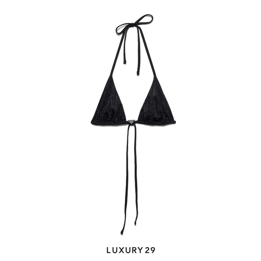 Prada Jersey triangle bikini top with rhinestones Black/Fume(L, Black)
