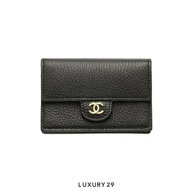 Chanel flap card holder featuring the iconic gold-tone CC logo grained calfskin Black