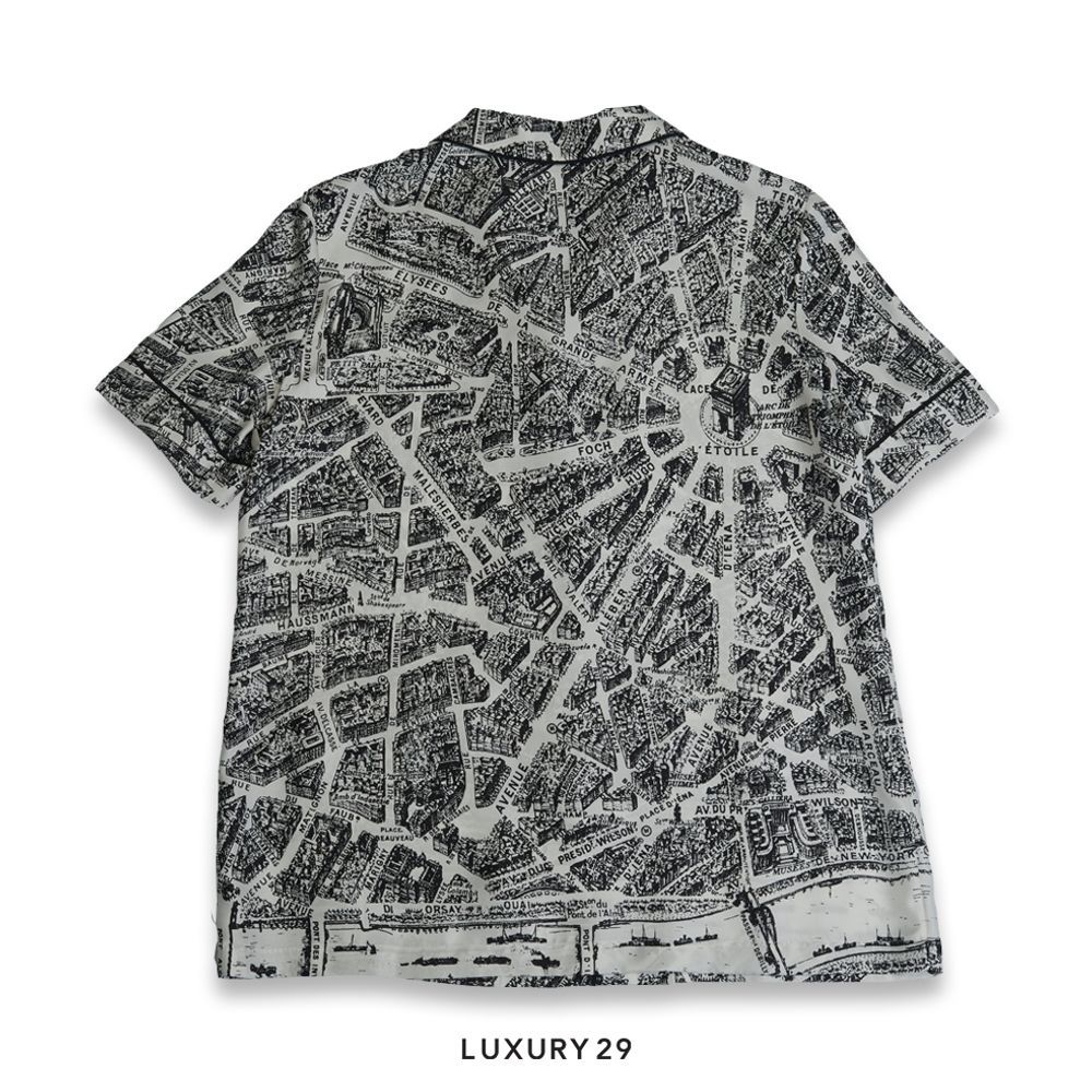 Dior Short-Sleeved Shirt White and Black Silk Twill with Plan de Paris Motif(S, Black)