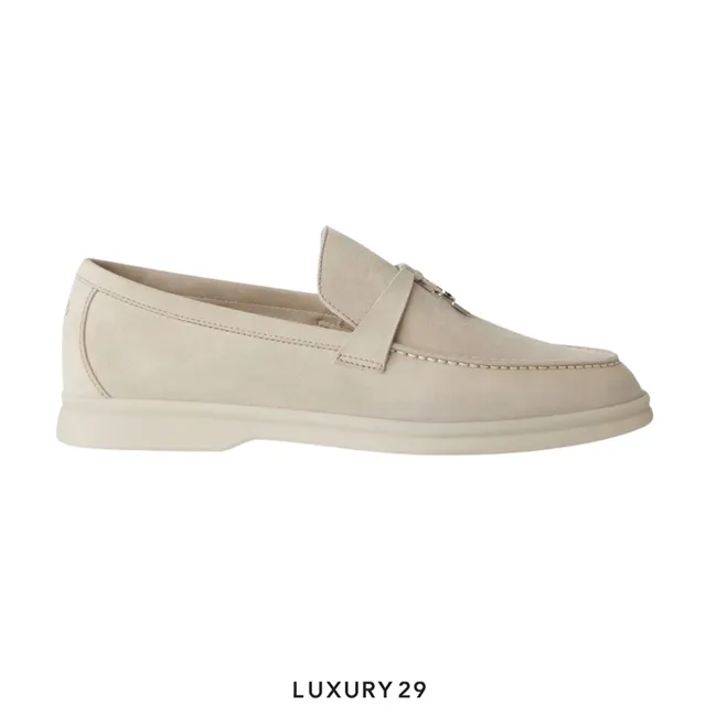 Loro Piana Summer Charms Walk Loafers Suede Pearl Powder
