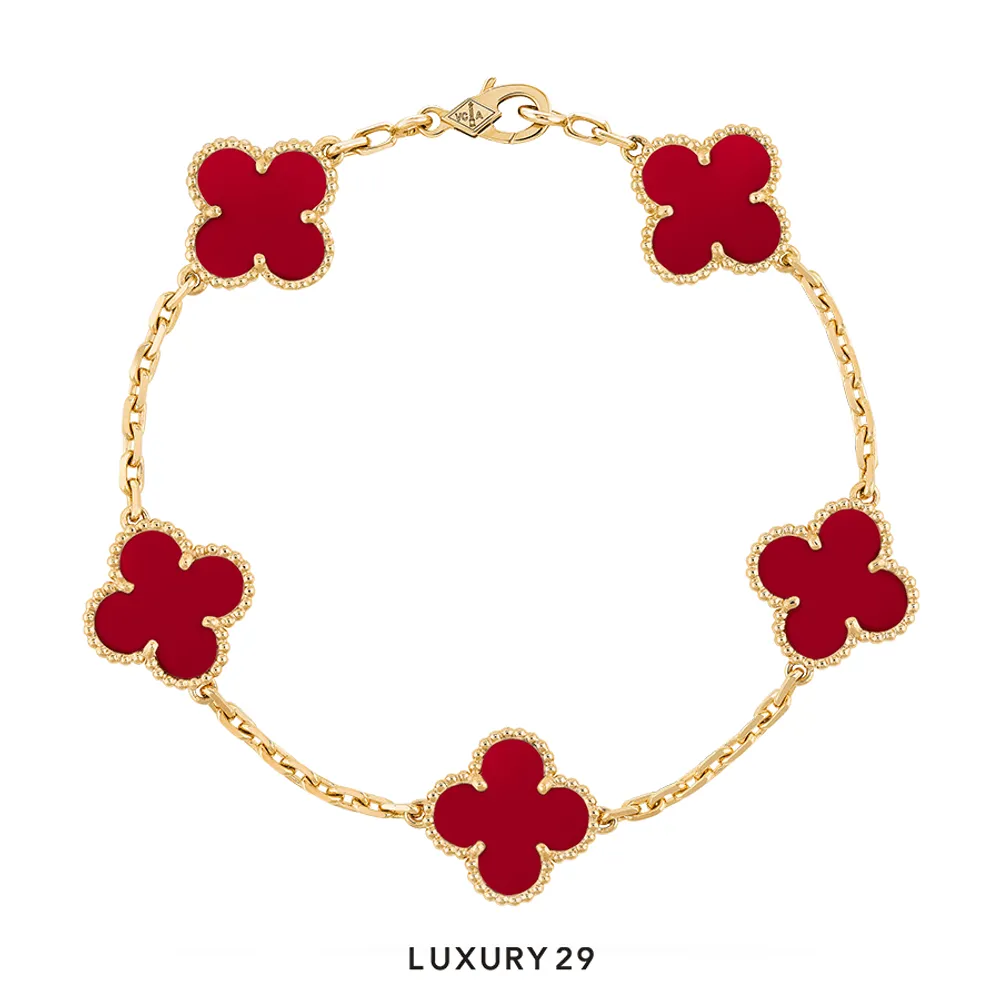 Van Cleef & Arpels Vintage Alhambra Bracelet, 5 motifs 18K yellow gold, Camelian(Free Size, Red)