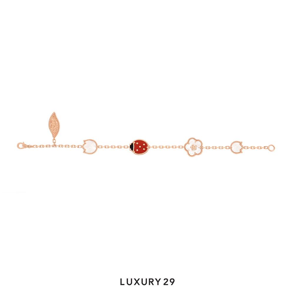 Van Cleef & Arpels Lucky Spring bracelet, 5 motifs 18K rose gold, Carnelian, Mother-of-pearl, Onyx(Free Size, Red)