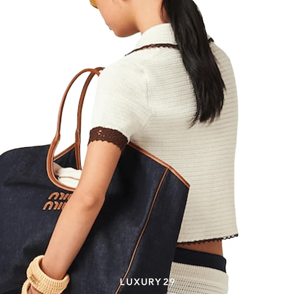 MIU MIU Crocheted cotton polo shirt Ivory/Cocoa Brown(2XS, Neutrals)