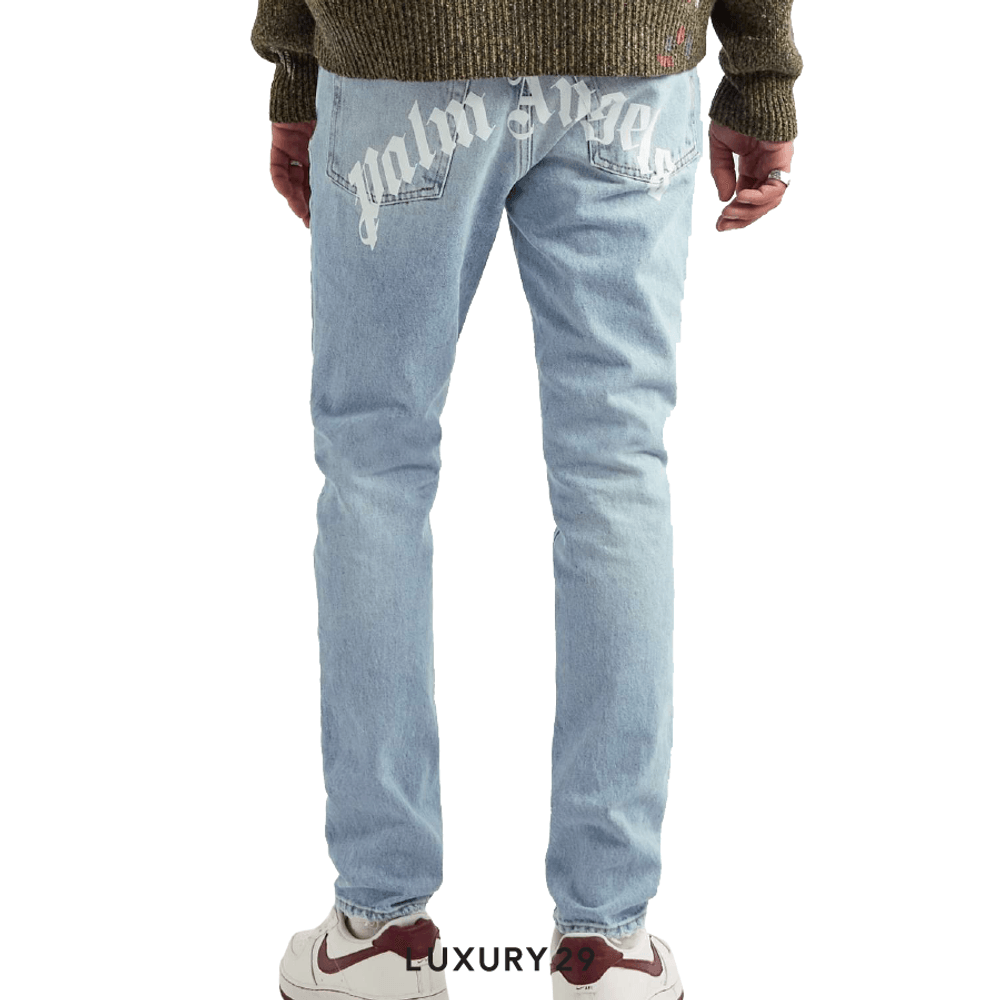Palm Angels Logo Printed Straight-Leg Jeans(XL, Blue)