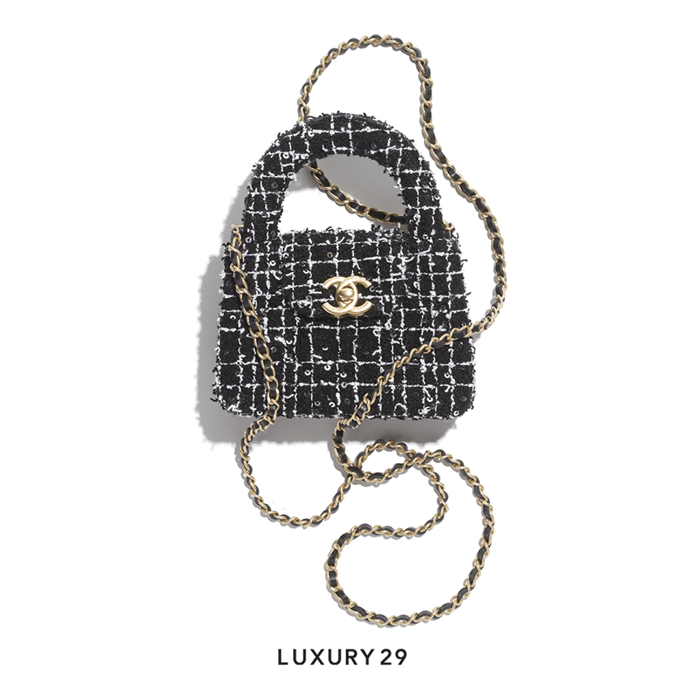 Chanel Micro Shopping bag Embroidered Tweed Black&White Gold Hardware(Mini, Black)