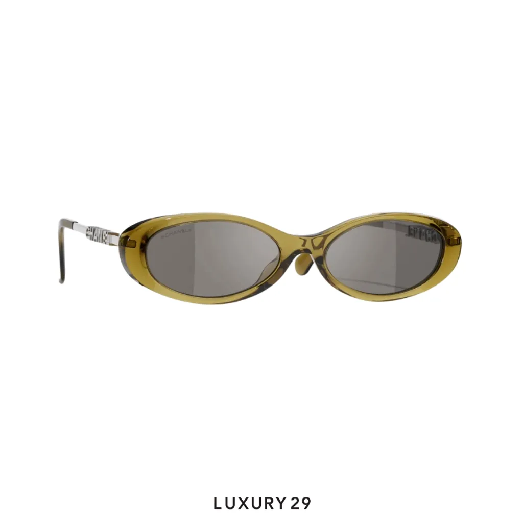 Chanel New Oval Sunglasses Frame: Acetate & Metal, Olive Lenses: Dark Brown(Free Size, Green)