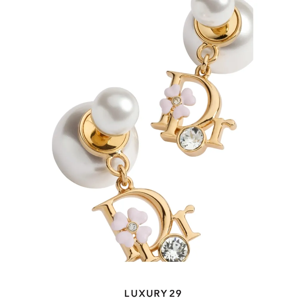 Dior Tribales Earrings Gold-plated metal, white resin pearls, crystals, and pink enamel work(Free Size, Gold)