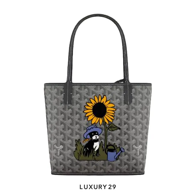 Goyard Mini Anjou Grey Hand-Painted France Bulldog With Sun Flower