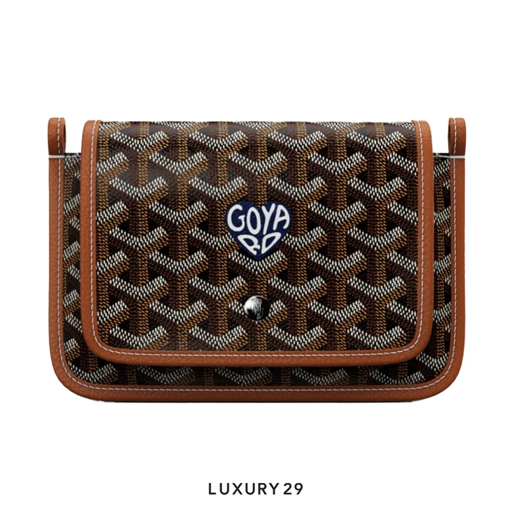 Goyard Plumet Pocket Wallet Black & Tan Hand-Painted Heart Navy Blue(Small, Brown)