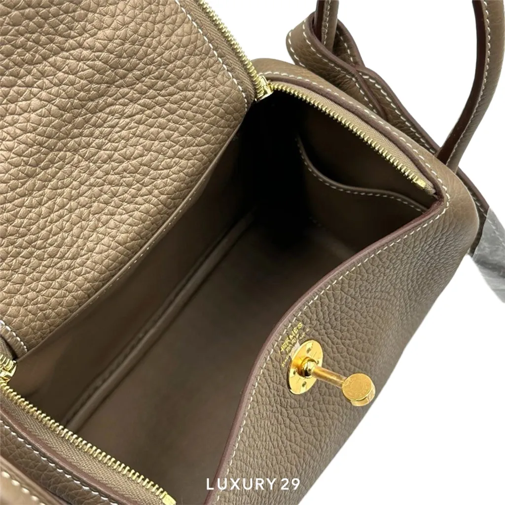 Hermes Lindy Mini II Taurillon Clemence Gold Hardware Etoupe(Mini, Brown)