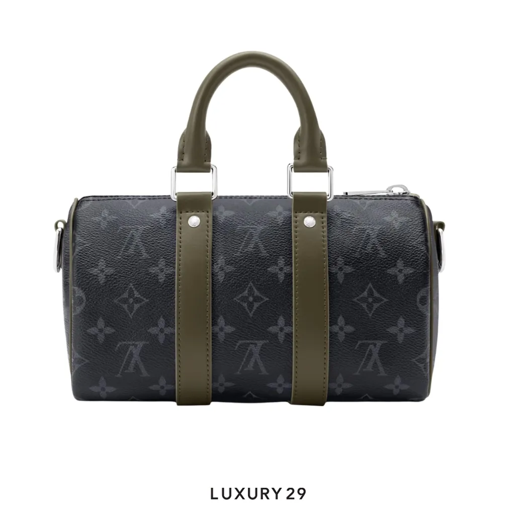 Louis Vuitton LV Keepall Bandouliere 25 bag Monogram Eclipse Canvas khaki green(Small, Green)