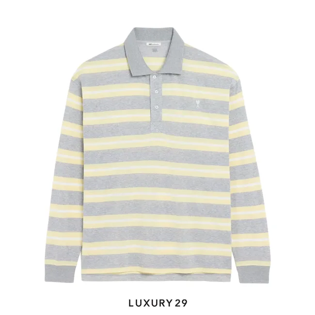 AMI Grey And Yellow Strapped Cotton Polo
Long sleeves polo in striped mercerized jersey
