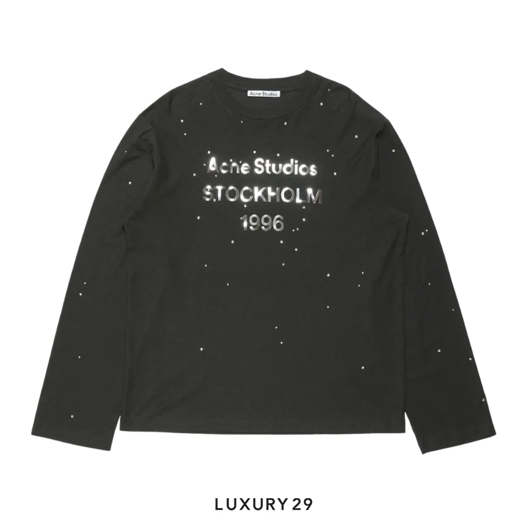 Acne Studios Long-sleeve crewneck T-shirt featuring a metallic foiled 1996(2XS, Black)