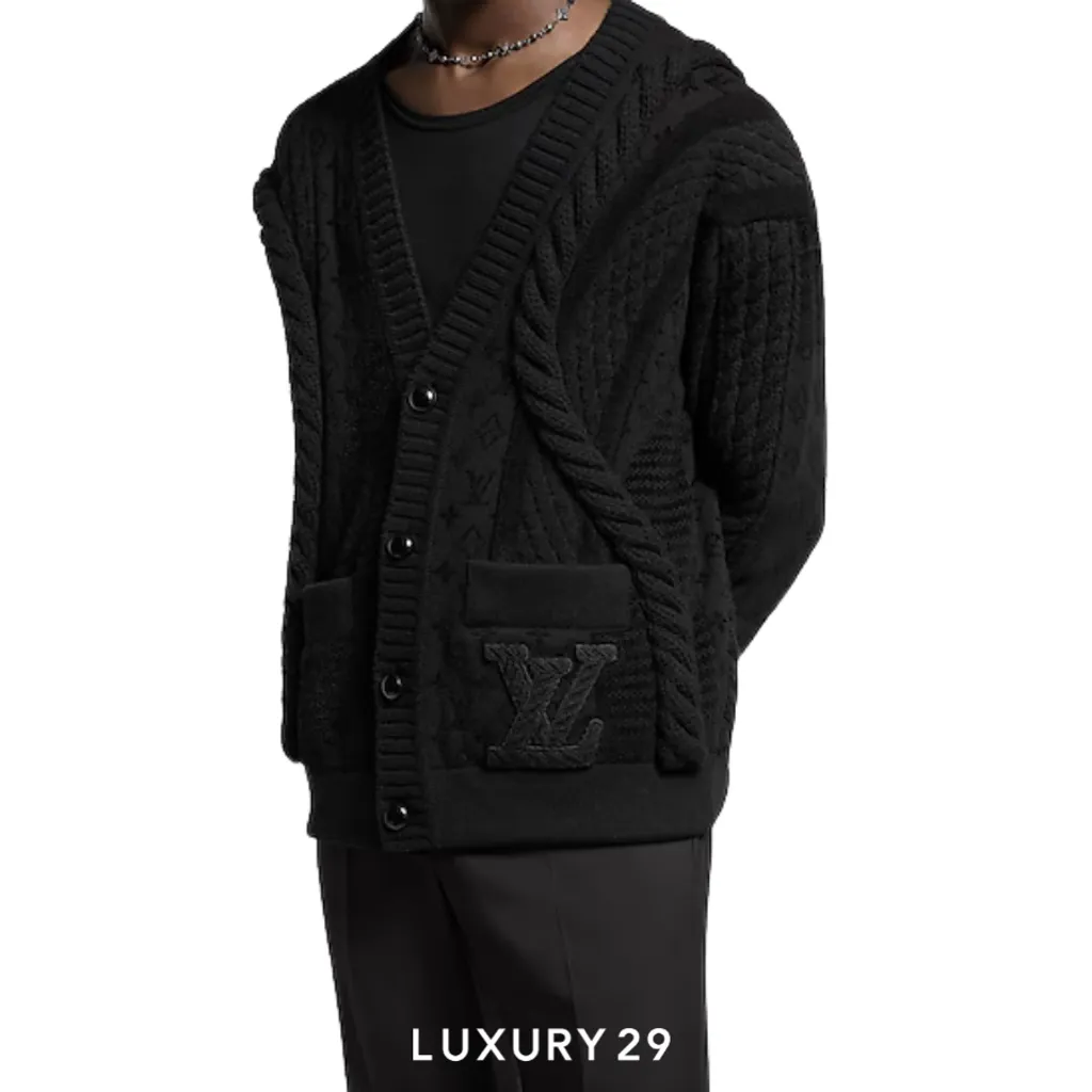 Louis Vuitton LV Chunky Wool-Blend Cable Cardigan Black(XL, Black)