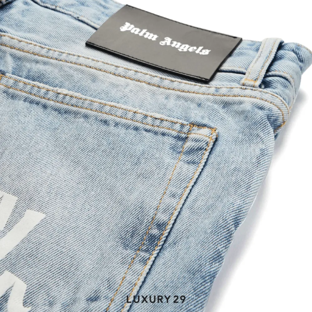 Palm Angels Logo Printed Straight-Leg Jeans(XL, Blue)