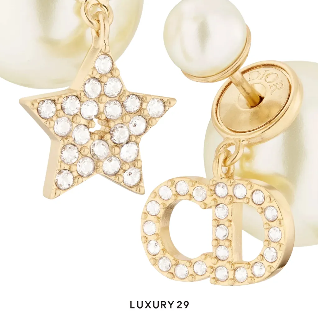 Dior Tribales Earrings Gold-Finish Metal with White Resin Pearls and Silver-Tone Crystals(Free Size, Silver)