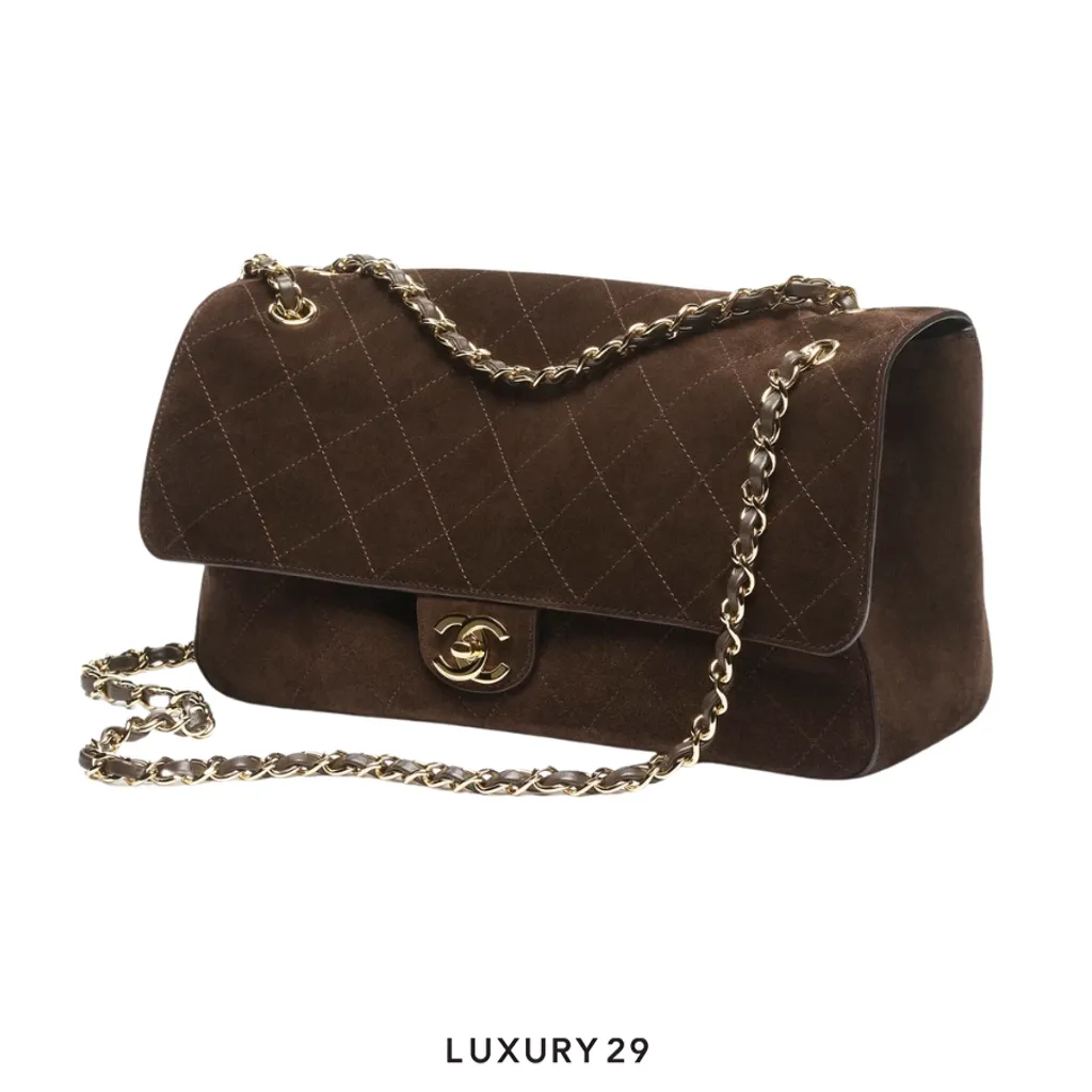 Chanel Spring Summer 2026 Maxi Flapbag Suede Calfskin & Gold Metal Dark Brown(Small, Brown)