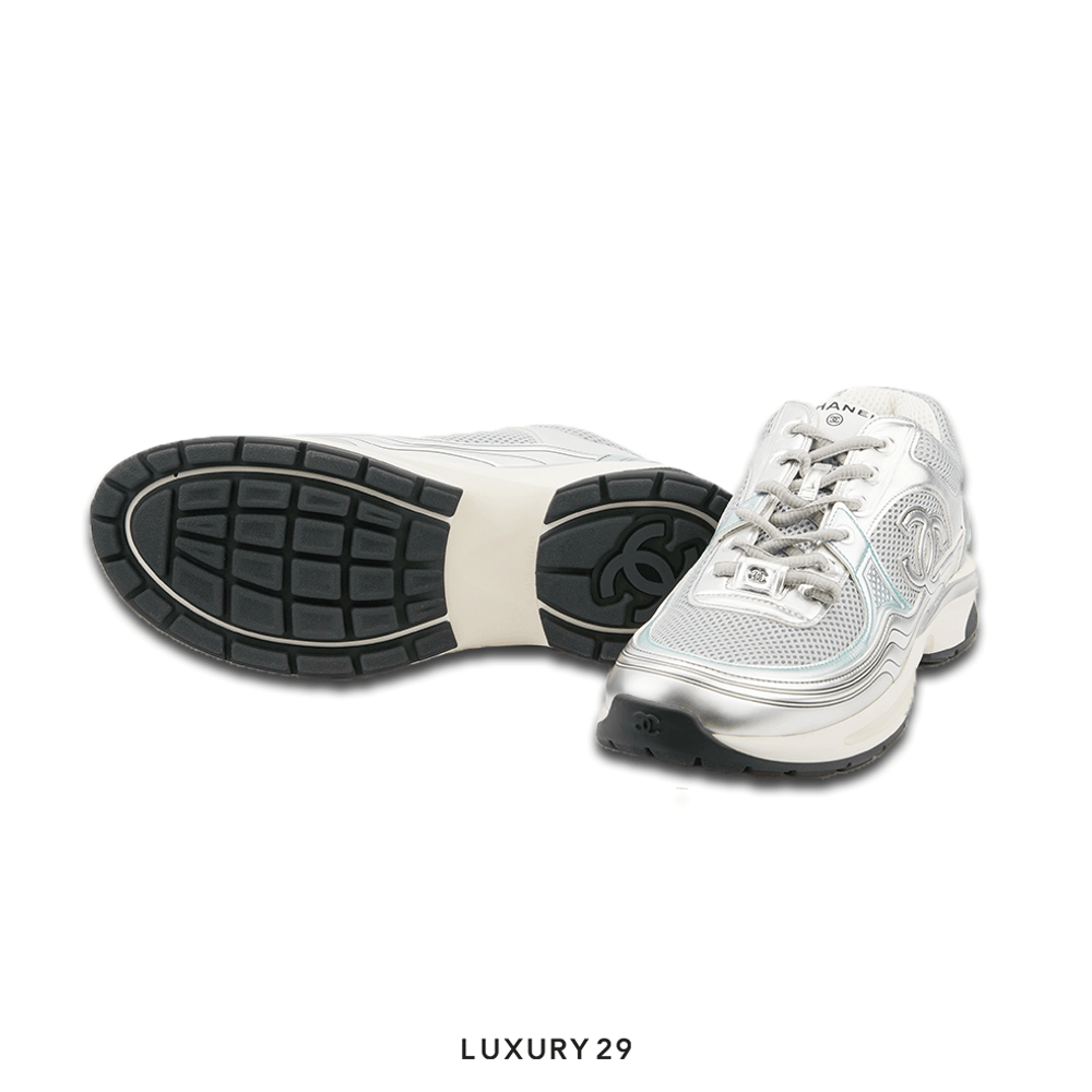 Chanel Trainers Fabric & Laminated Light Gray & Silvered(44, Grey)