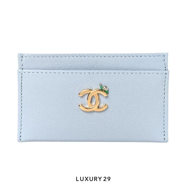 Chanel Card holder Grained goatskin leather enamel and gold-colored metal Light Blue