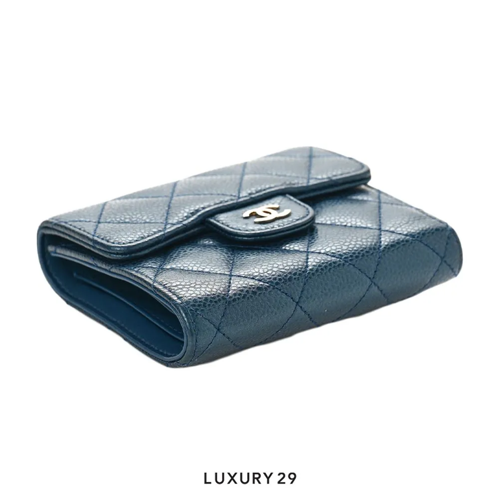 Chanel Classic Short Flap Wallet Navy Caviar Gold Hardware(Small, Blue)