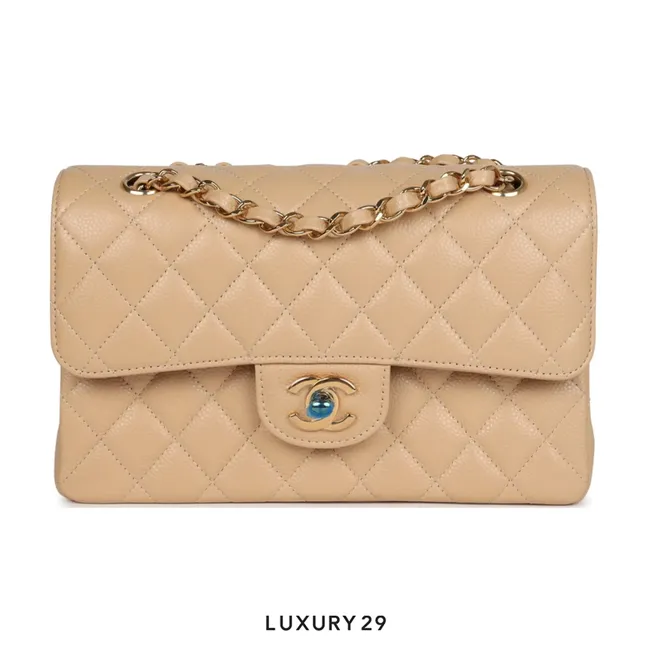 Chanel Medium Classic Double Flap Bag Beige Caviar Gold Hardware