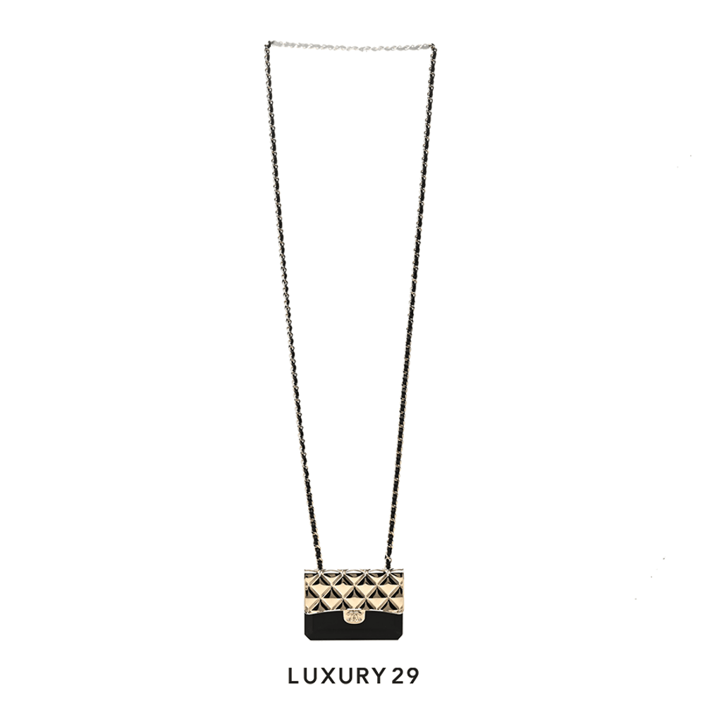 Chanel Metal Resin Lambskin Flap Bag Long Necklace Gold Black(Free Size, Gold)