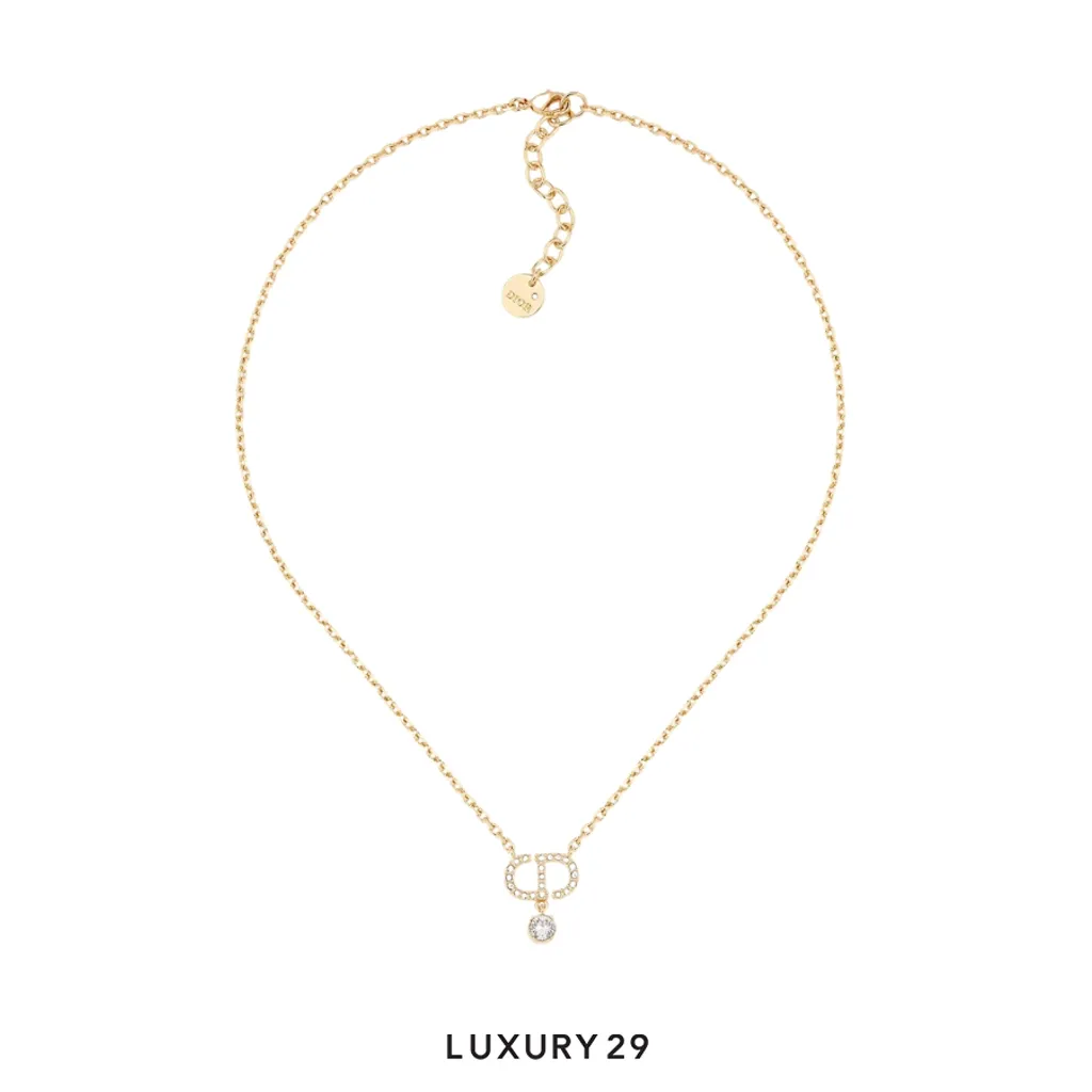 Dior Petit CD Necklace Gold-Finish Metal and White Crystals(Free Size, Gold)