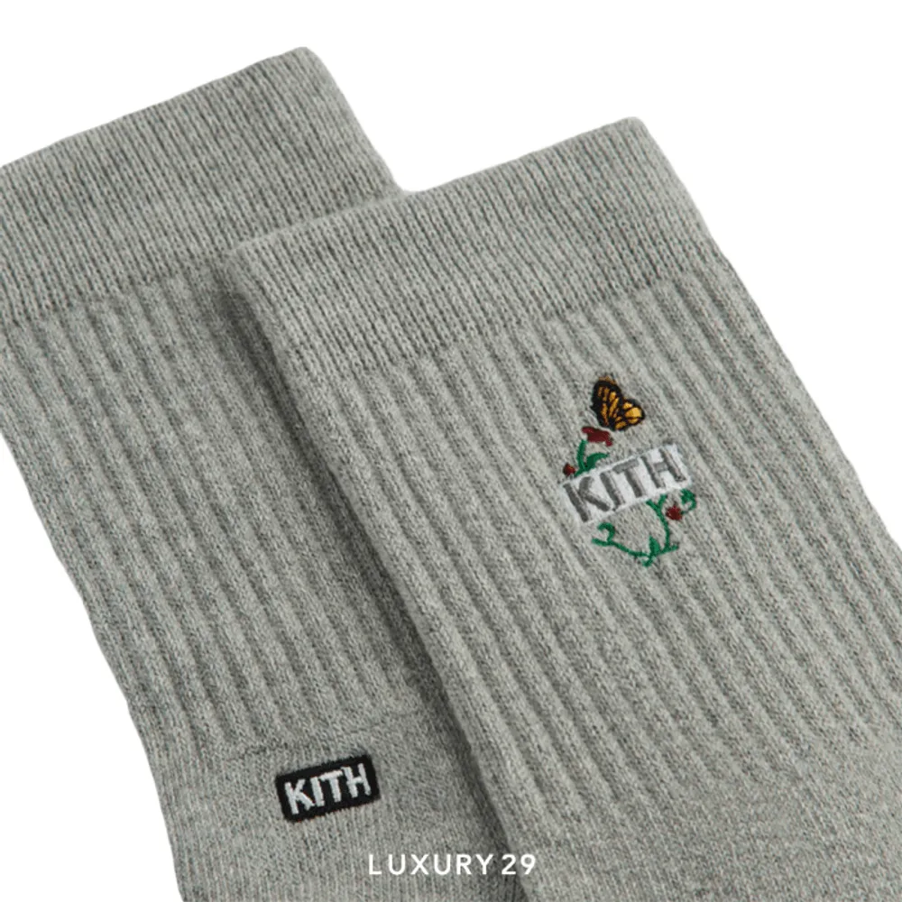 Kith Butterfly Box Logo Mid Crew Socks Heather Grey(Free Size, Grey)