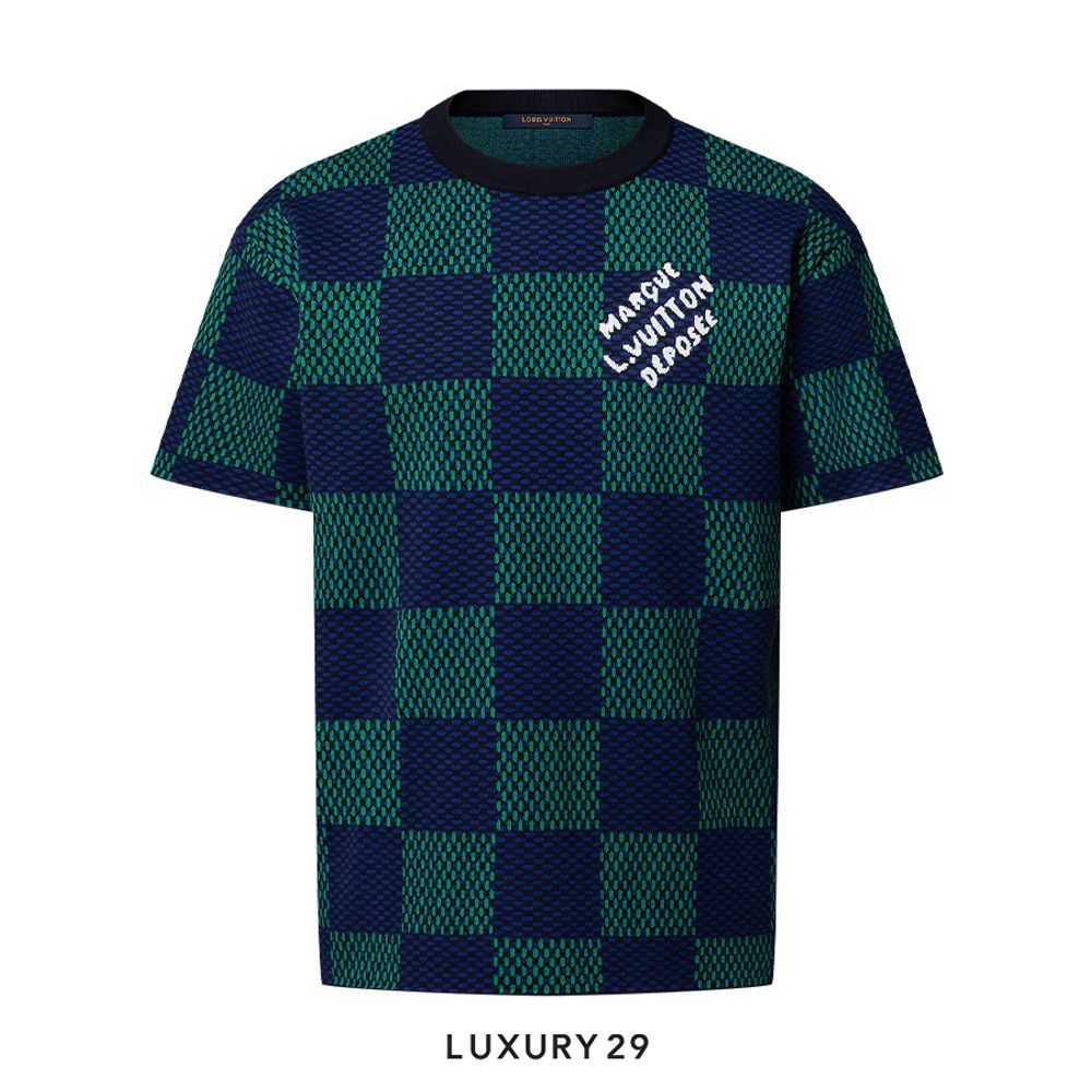 Louis Vuitton LV Jacquard Damier Short-Sleeved Cotton Crewneck Clematis Blue(S, Green)