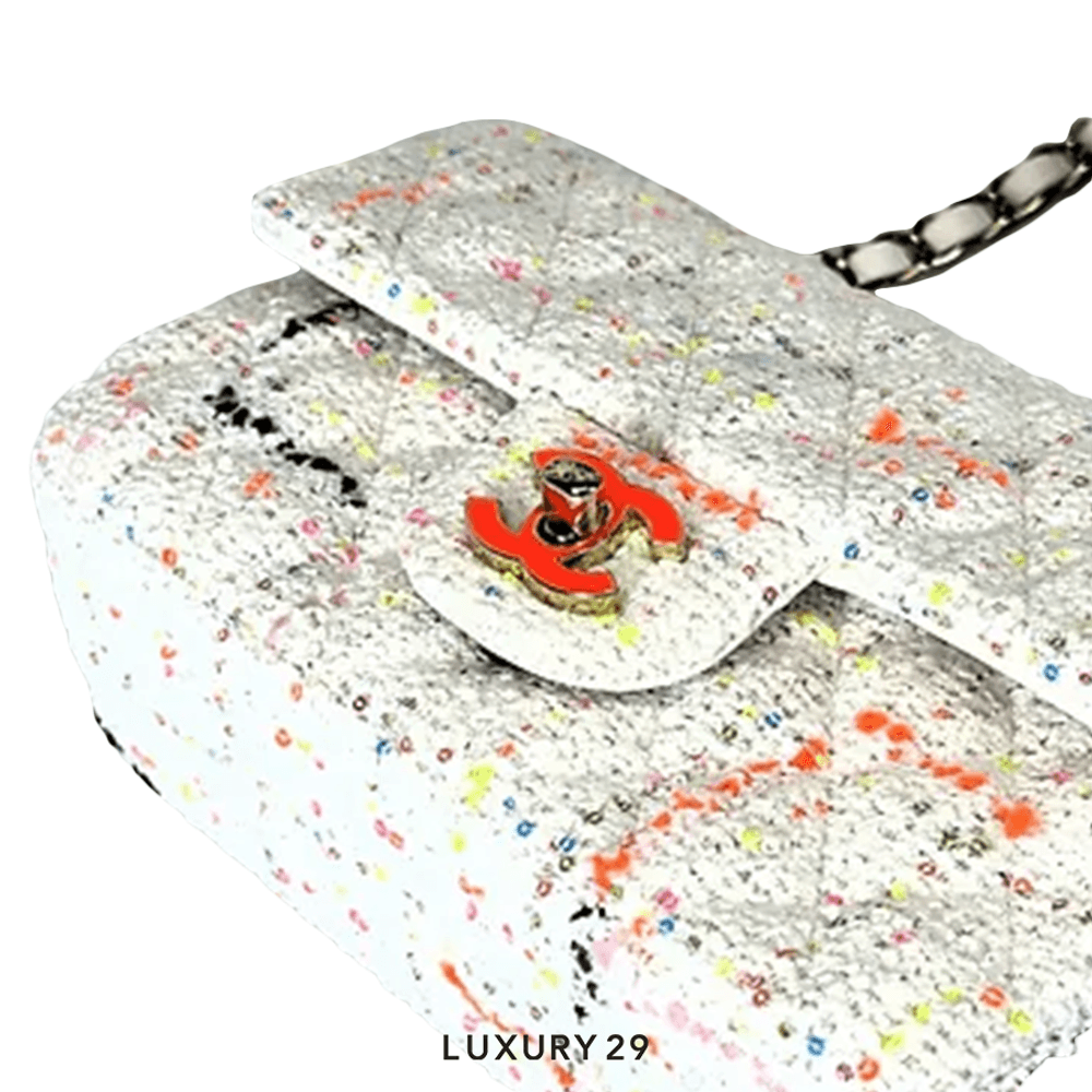 Chanel Tweed Quilted Mini Rectangular Flap Ecru with Orange Enamel CC(Small, White)