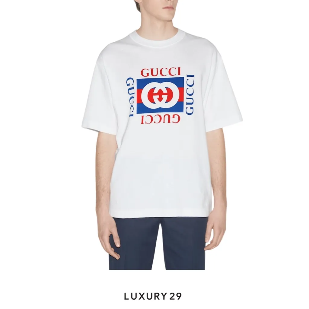 Gucci Cotton jersey T-shirt with Gucci print Gucci Interlocking G striped print White/Blue/Red(M, White)
