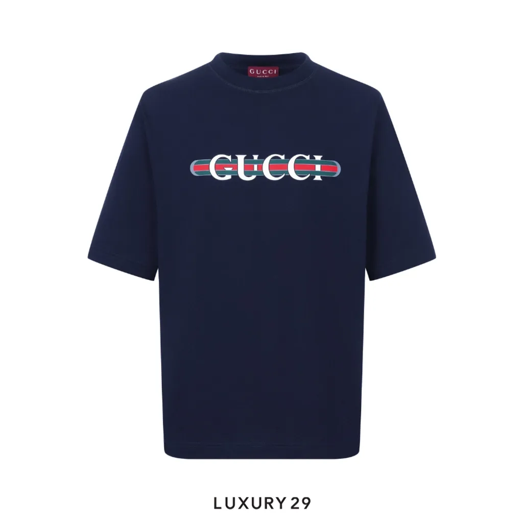 Gucci Cotton Logo Printed Jersey T Shirt Navy(XS, Blue)