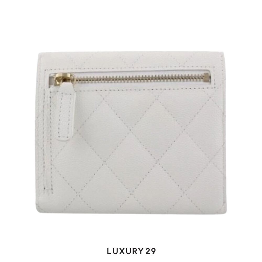 Chanel Classic Small Flap Wallet In Grained Shiny Calfskin With Gold White Hardware(Small, White)