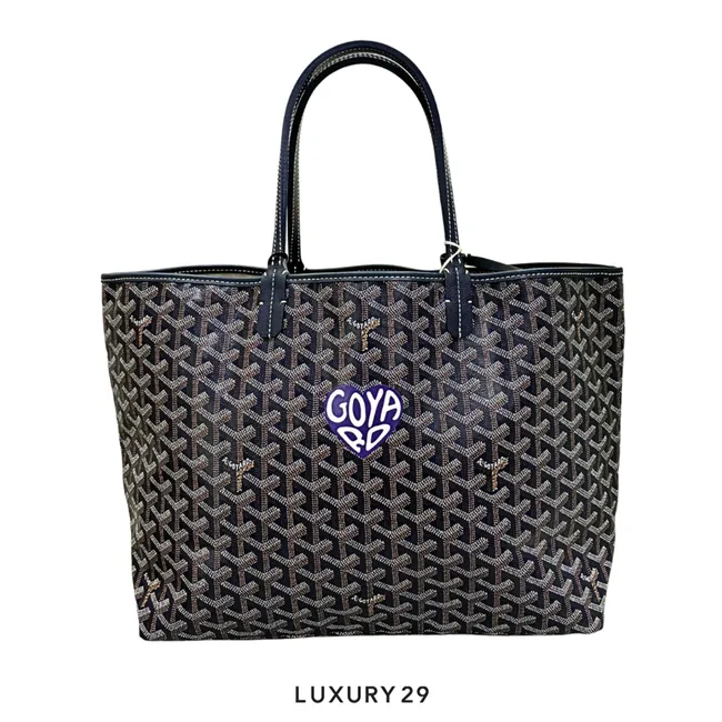 Goyard Saint Louis PM Bag Navy Blue Hand-Painted Heart Purple