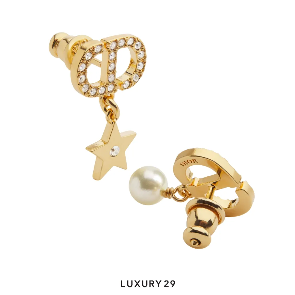 Dior Petit CD Lucky Charms Earrings Gold-Finish Metal with a White Resin Pearl and Silver-Tone Crystals(Free Size, Gold)