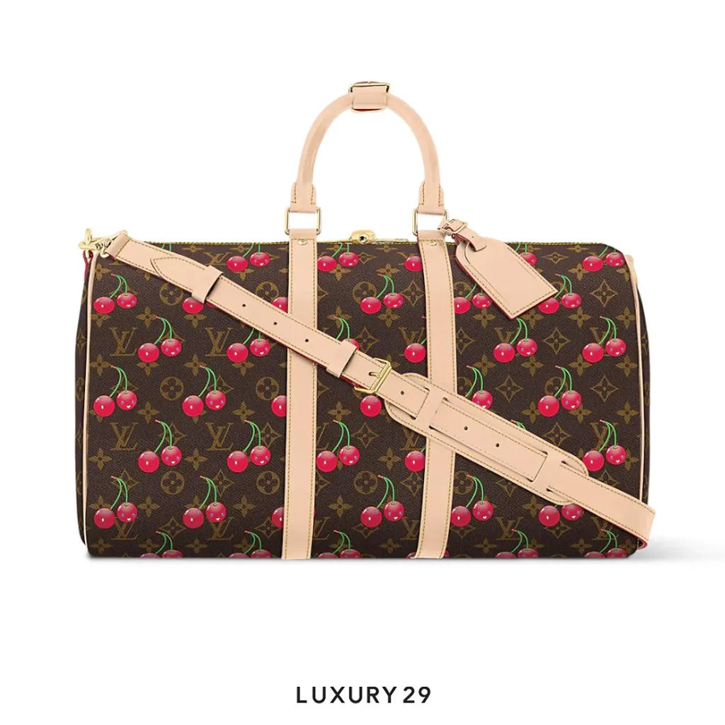 Louis Vuitton LV x TM - Keepall Bandouliere 45 Bag Monogram Cherry Canvas Brown(Large, Brown)
