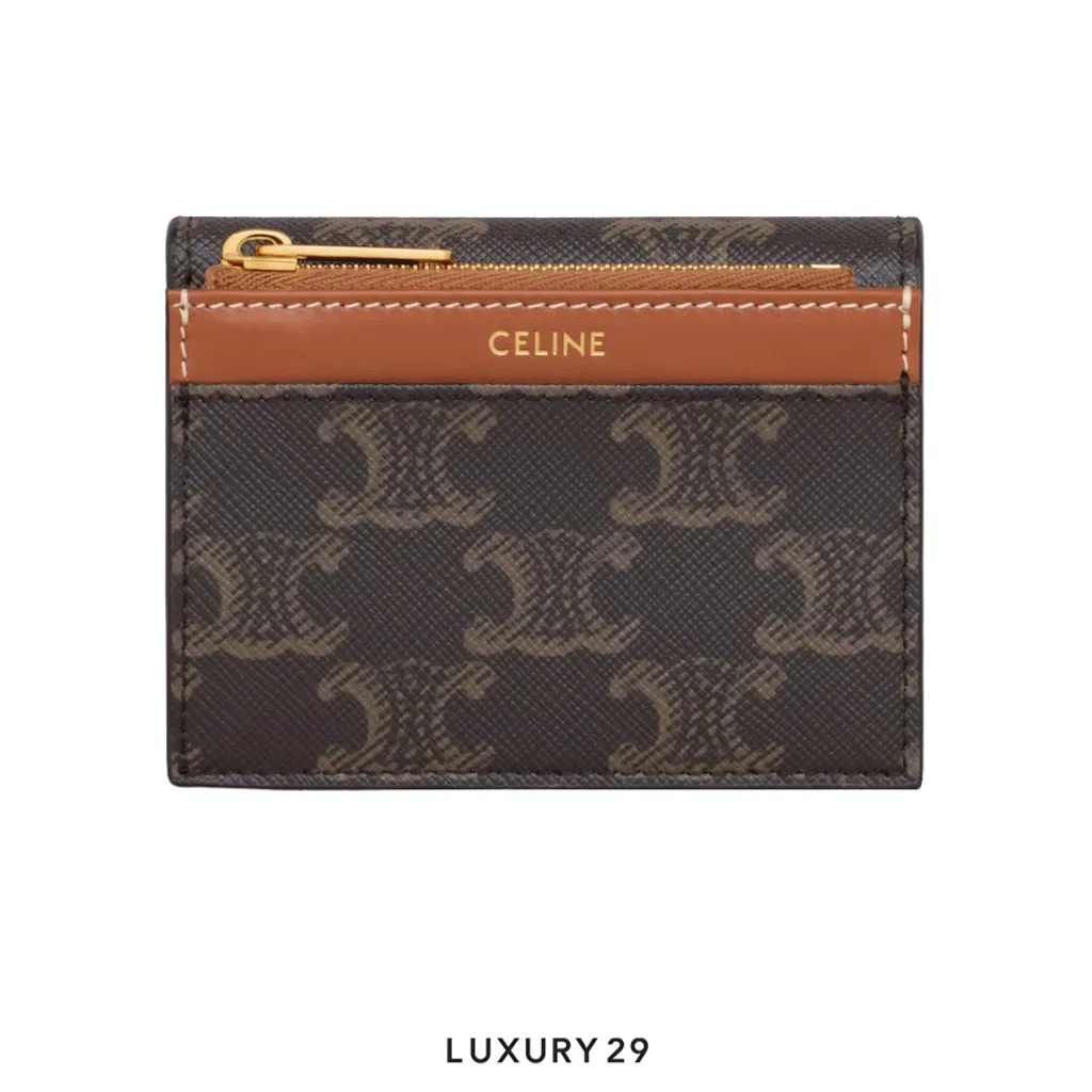 Celine TRIOMPHE wallet with small coin compartment Triomphe canvas Tan(Mini, Brown)
