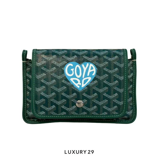 Goyard Plumet Pocket Wallet Green Hand-Painted Heart Blue